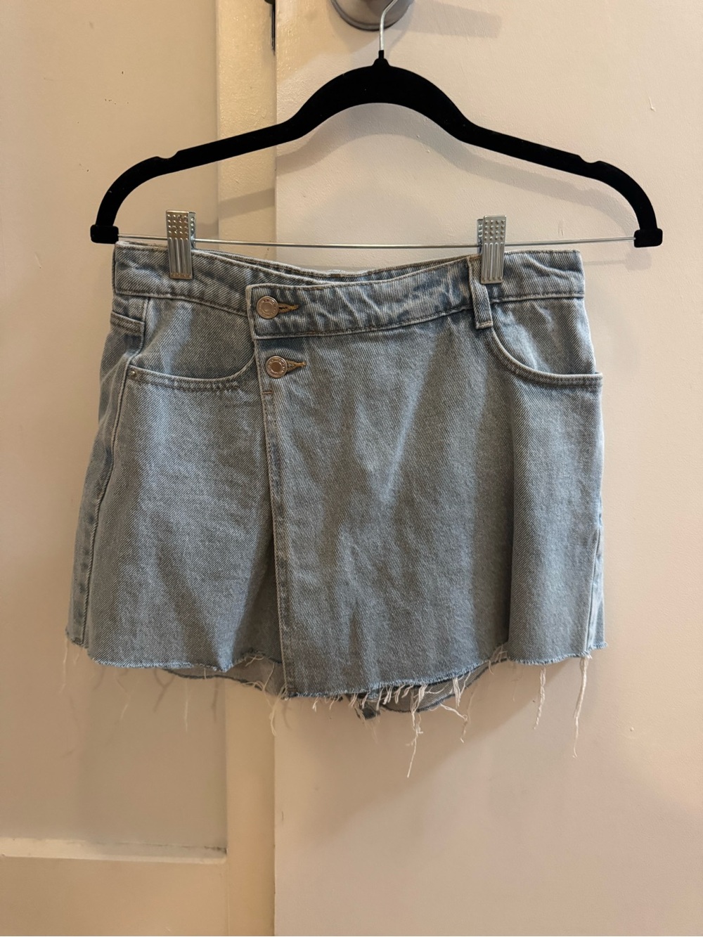 Zara Light Blue Denim Mini Skort with Raw Hem